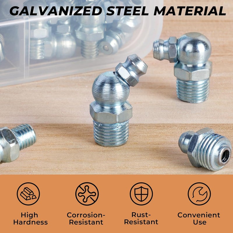 INCLY 250PCS SAE & Metric Grease Fittings Assortment, Hydraulic Zerk Grease Fittings with Wrench Kit, Galvanized Steel Straight 45 90 Degree Zerk Fitting for Garage Farm Equipment Maintenance - Image 4